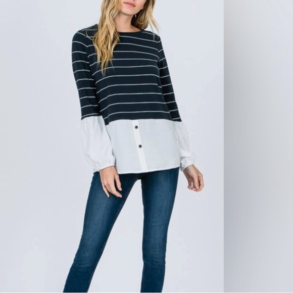 Hailey & Co Navy White Stripe Twofer Look Top Medium - Picture 1 of 8